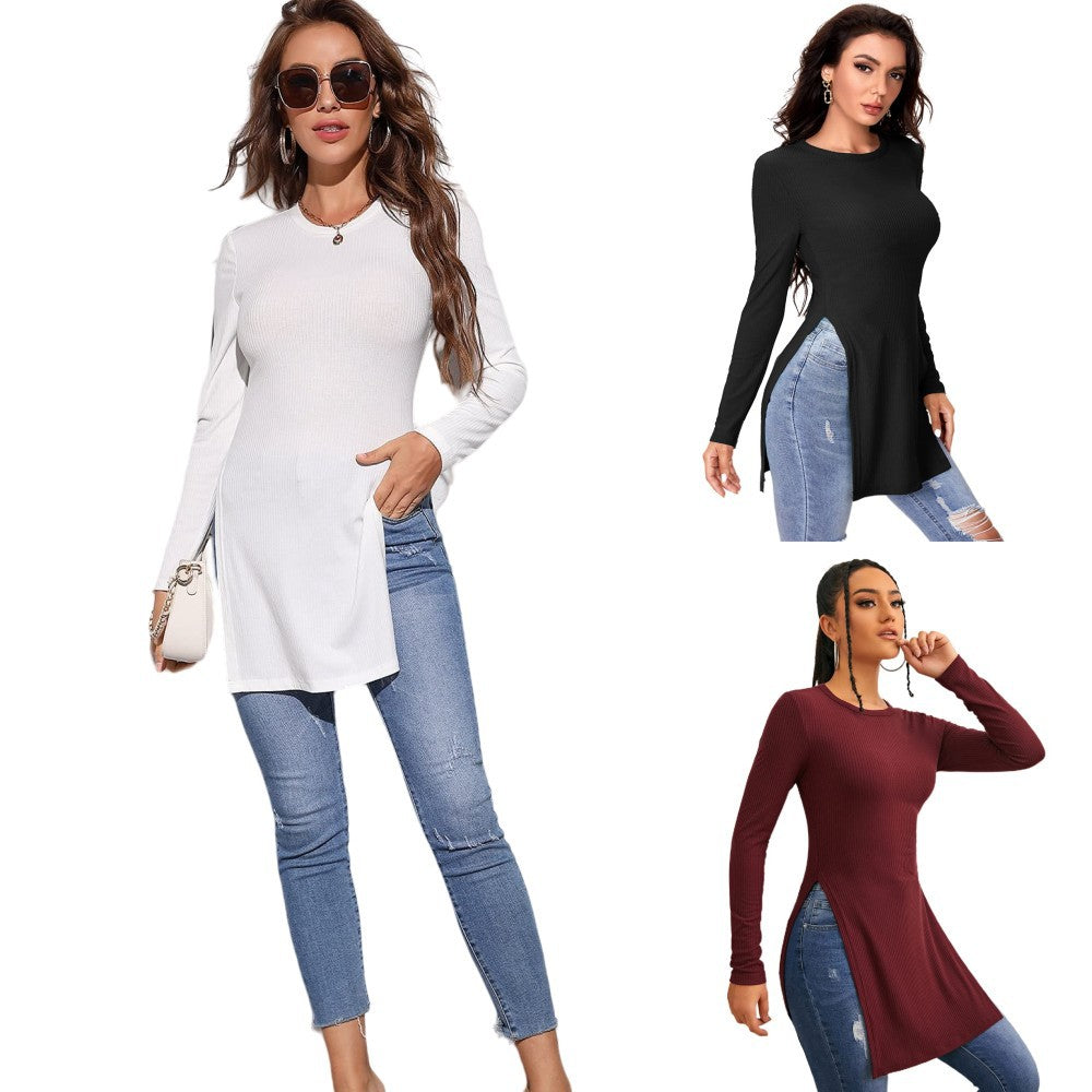 Long Sleeve Round Neck Ribbed Knit T-Shirt