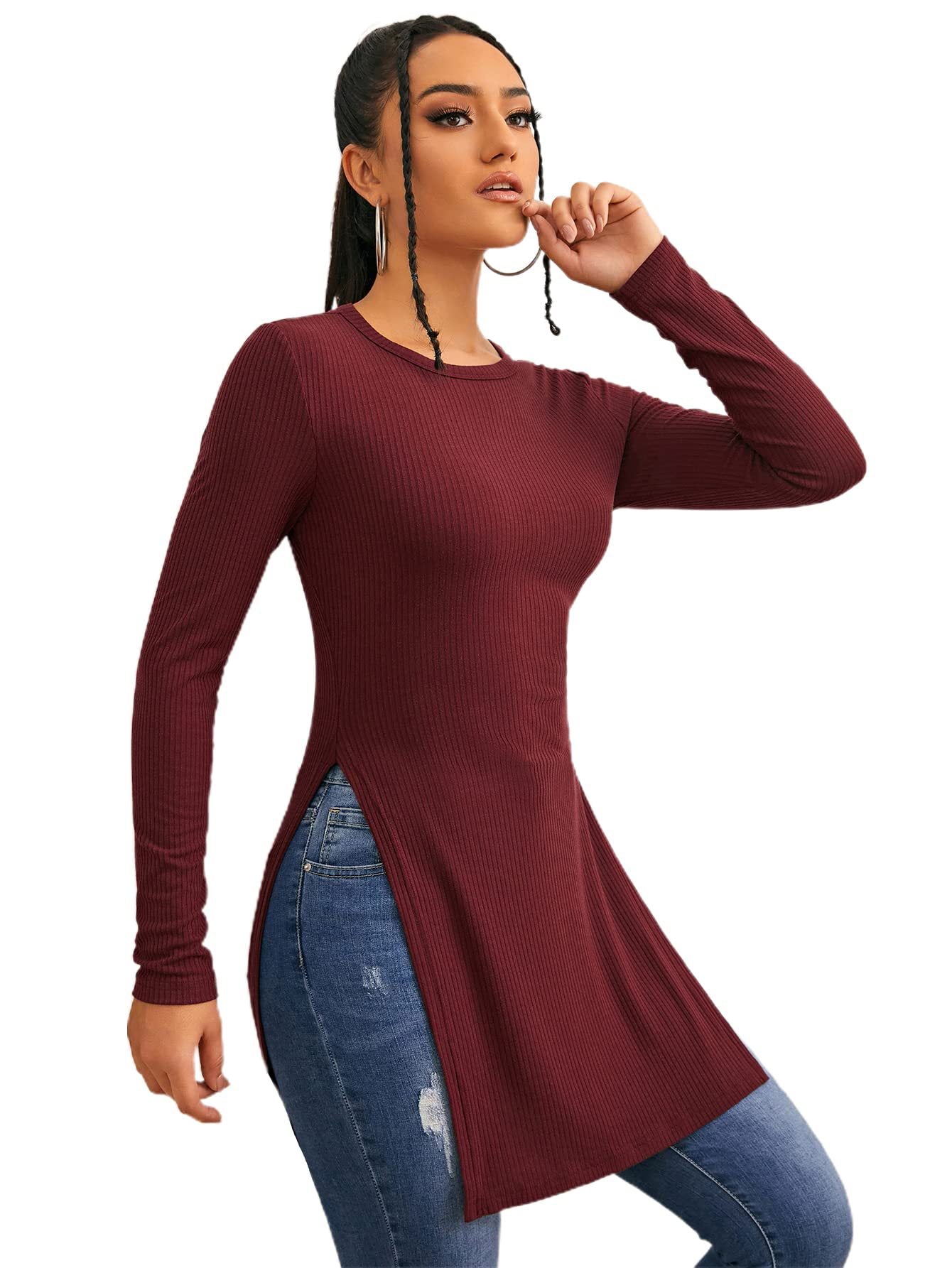 Long Sleeve Round Neck Ribbed Knit T-Shirt