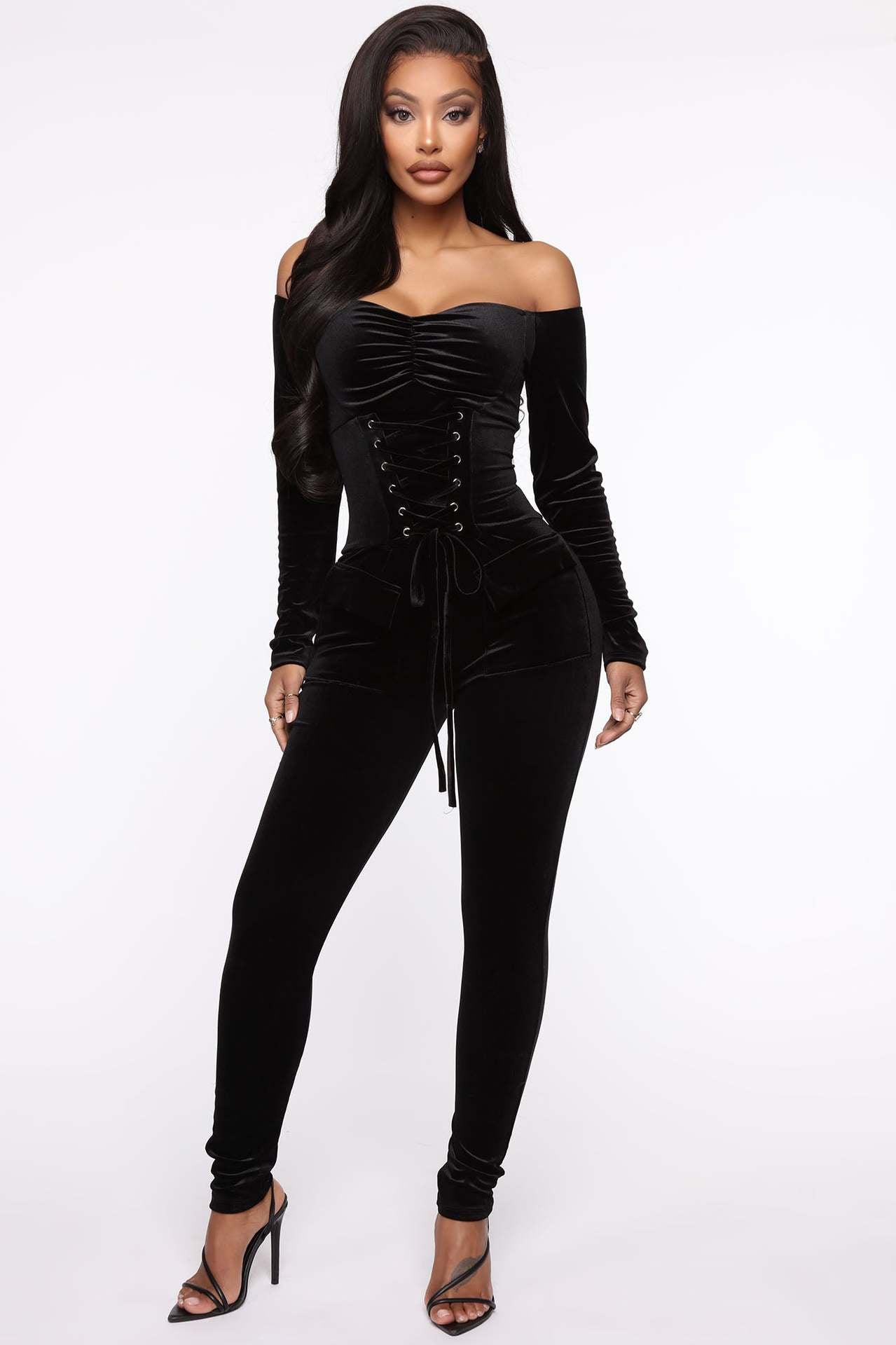 Velvet One-shoulder Strap Slim Fit Jumpsuit