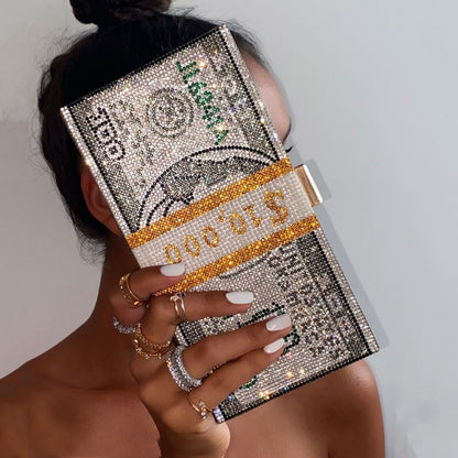 Mujer Crystal Diamond Cash Dollars Clutch Monederos Bolsos de cadena