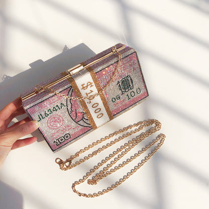 Mujer Crystal Diamond Cash Dollars Clutch Monederos Bolsos de cadena