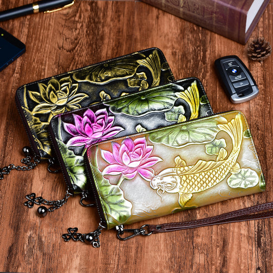 New Cowhide Wallet Women's Leather Vintage Embossed Purses Fish