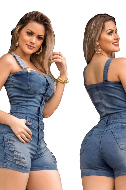 Plus Size Elegance Cotton Jeans Short Romper