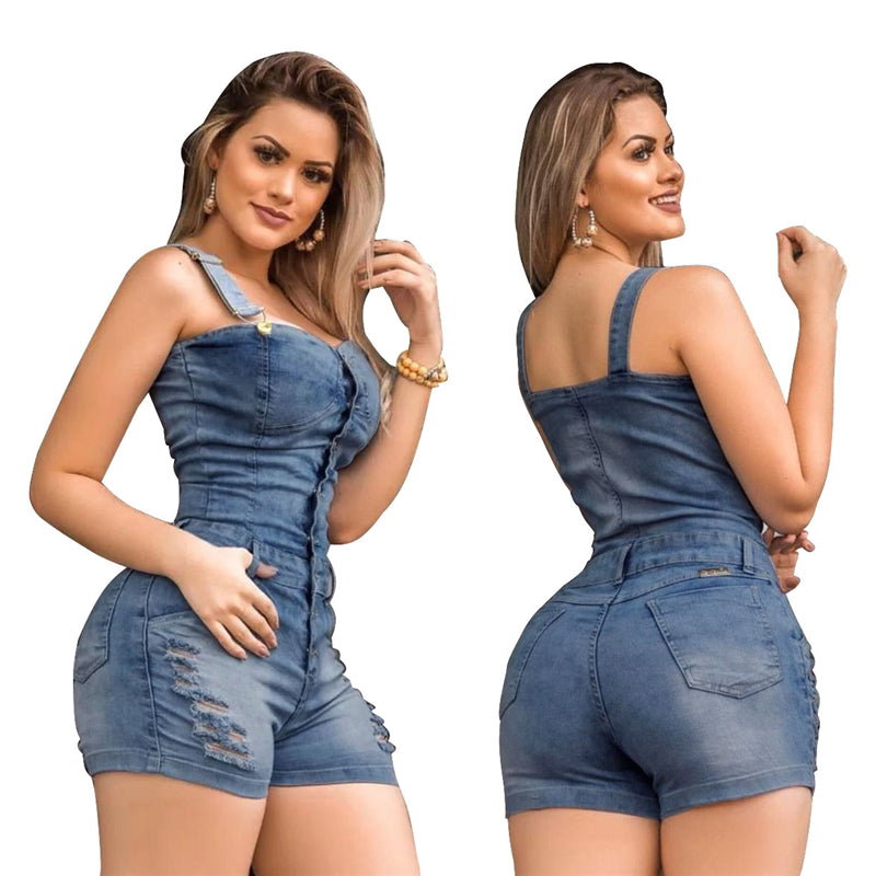 Plus Size Elegance Cotton Jeans Short Romper