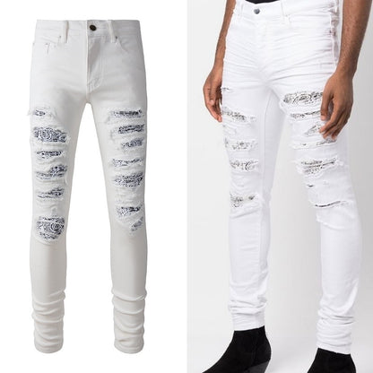 White Cashew Patch Torn Jeans