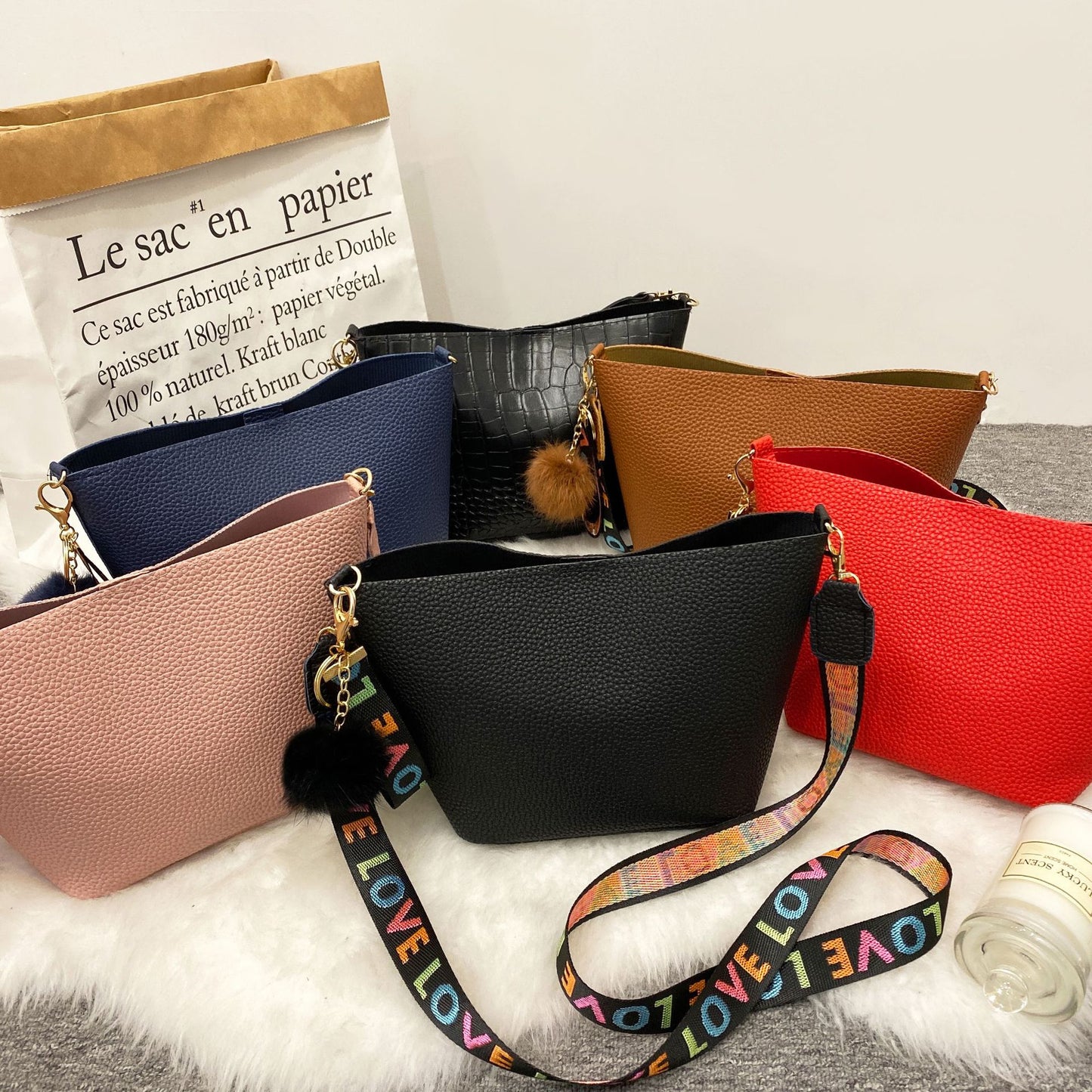 Bolso tipo cubo con estampado de cintura escapular para mujer, patrón de lichi