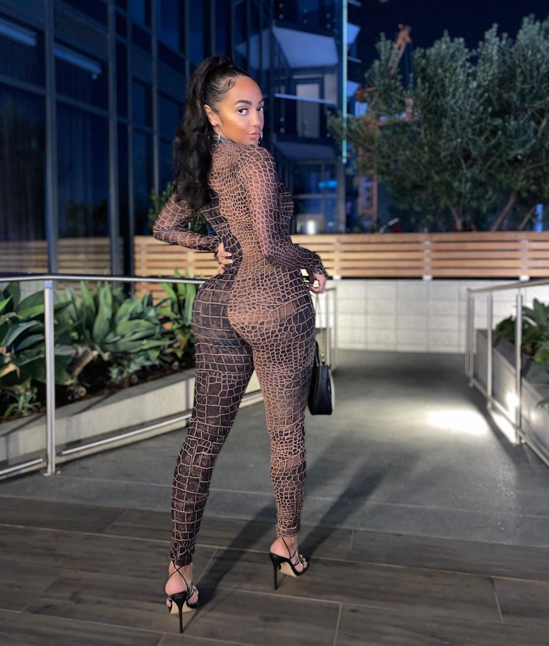 Women's Crocodile Skin Pattern Mesh Jumpsuit