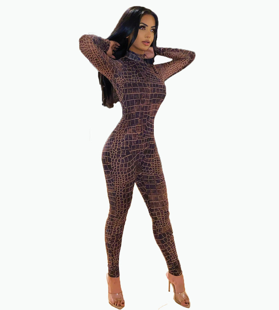 Women's Crocodile Skin Pattern Mesh Jumpsuit