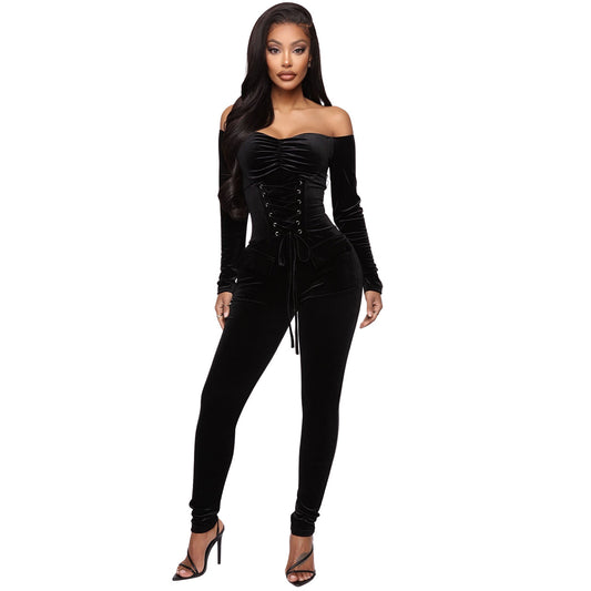 Velvet One-shoulder Strap Slim Fit Jumpsuit