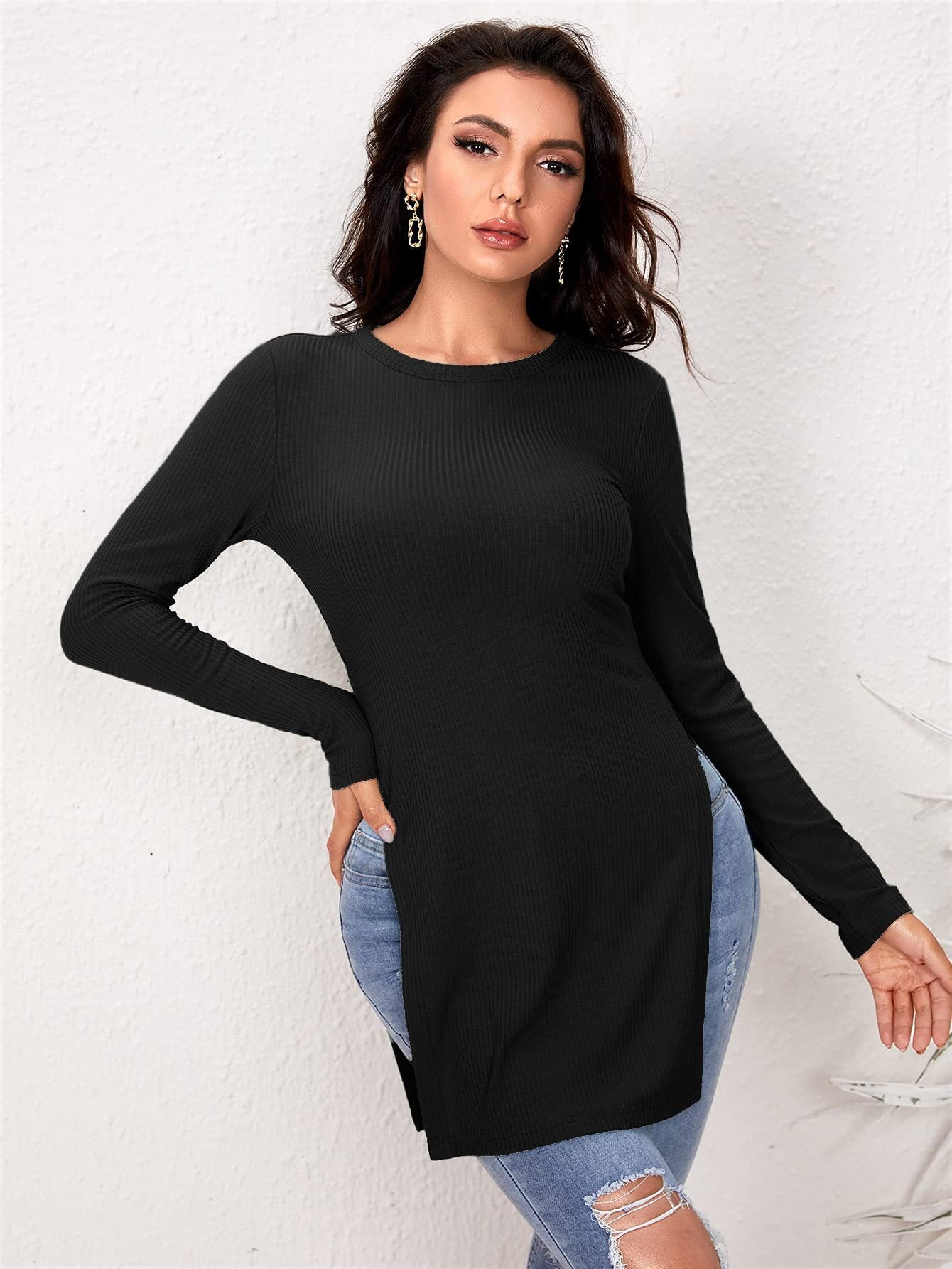 Long Sleeve Round Neck Ribbed Knit T-Shirt