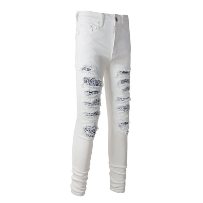 White Cashew Patch Torn Jeans