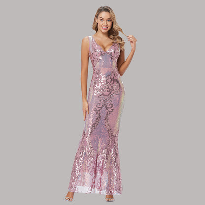 Sequin High Waist Sleeveless V-Neck Evening Gown