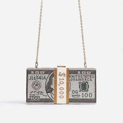 Mujer Crystal Diamond Cash Dollars Clutch Monederos Bolsos de cadena