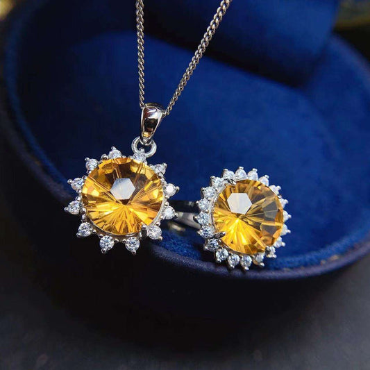 925 Silver Electroplating 18K Inlaid Natural Fireworks Citrine Set Diamond