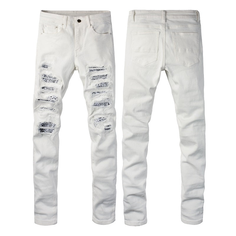 White Cashew Patch Torn Jeans