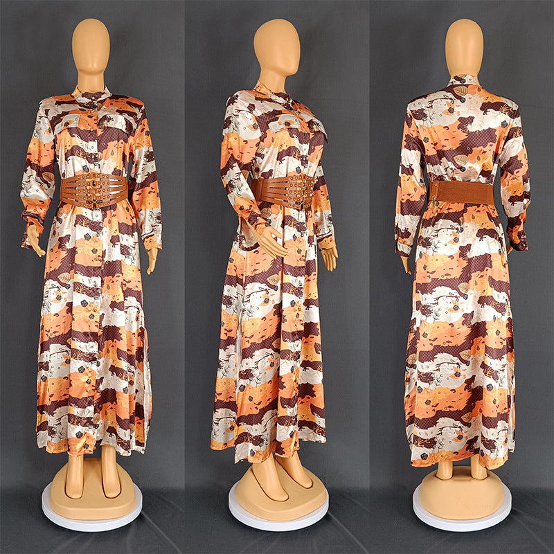 Printed Long Sleeve Wide Belt Dress