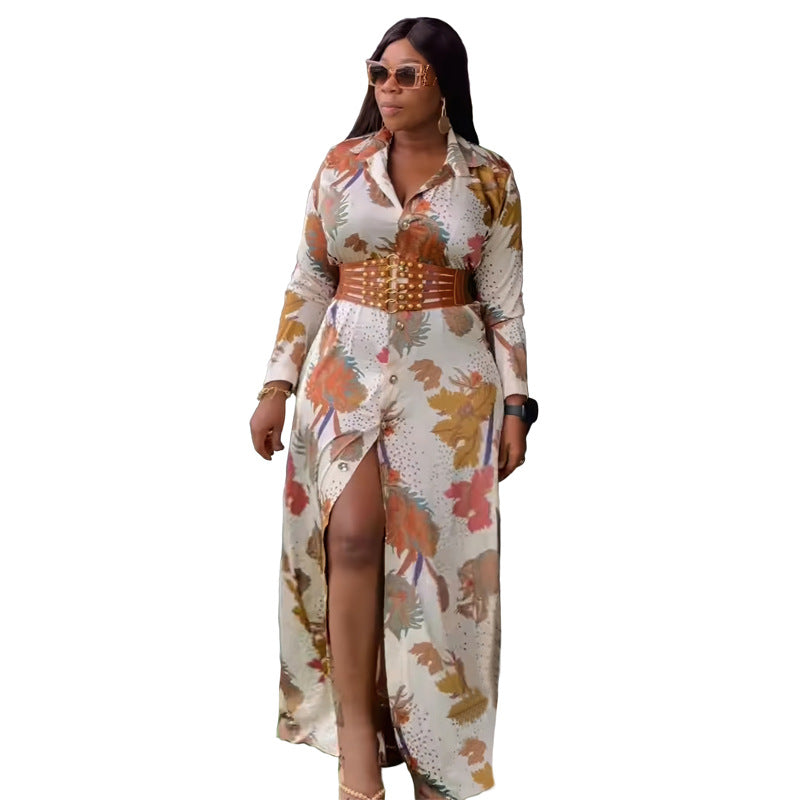 Printed Long Sleeve Wide Belt Dress