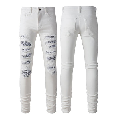 White Cashew Patch Torn Jeans