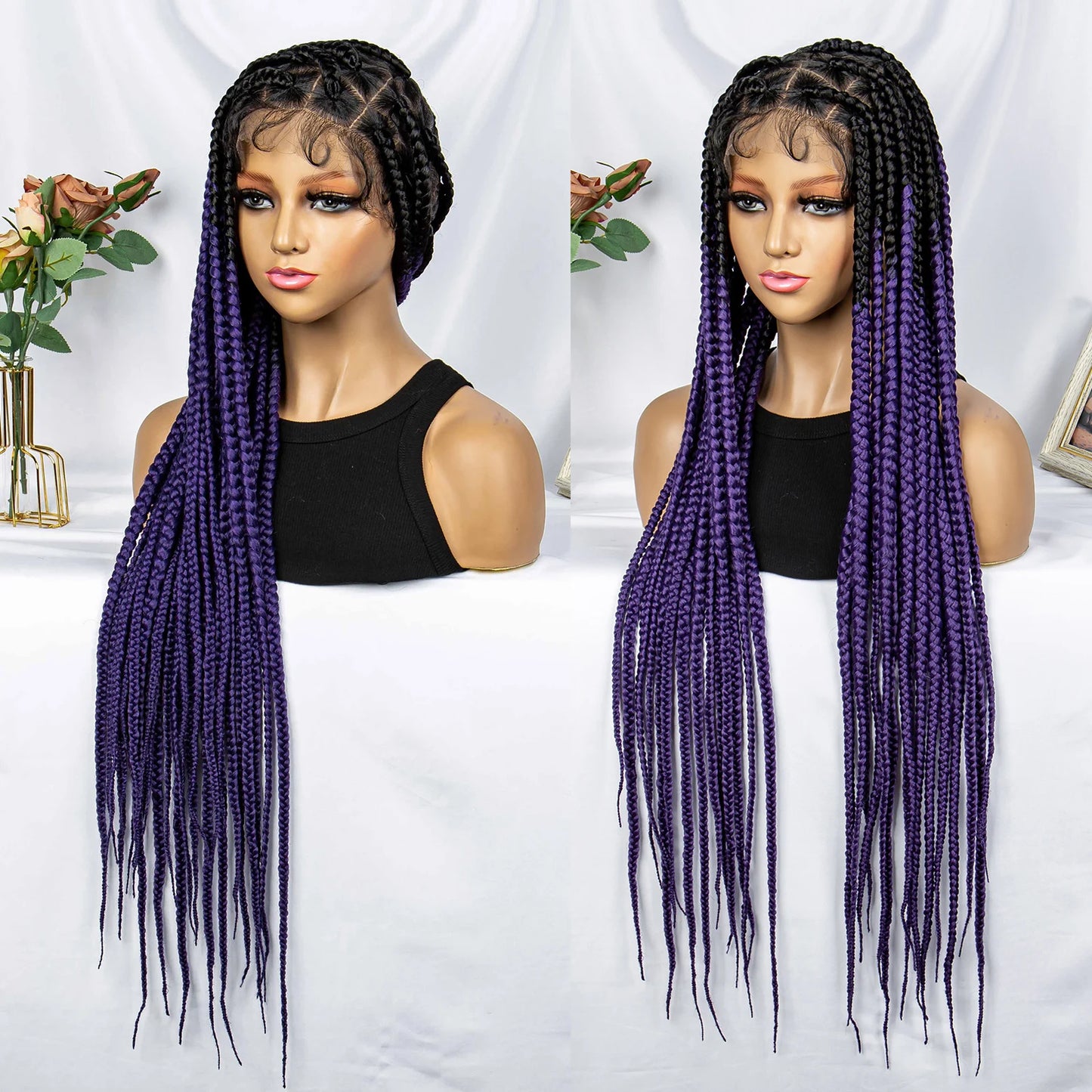 Synthetic Full Lace Braided Wigs Purple Colored Transparent Knotless Box Braids Wig Lace Front Braiding Hair Wig for Black Women