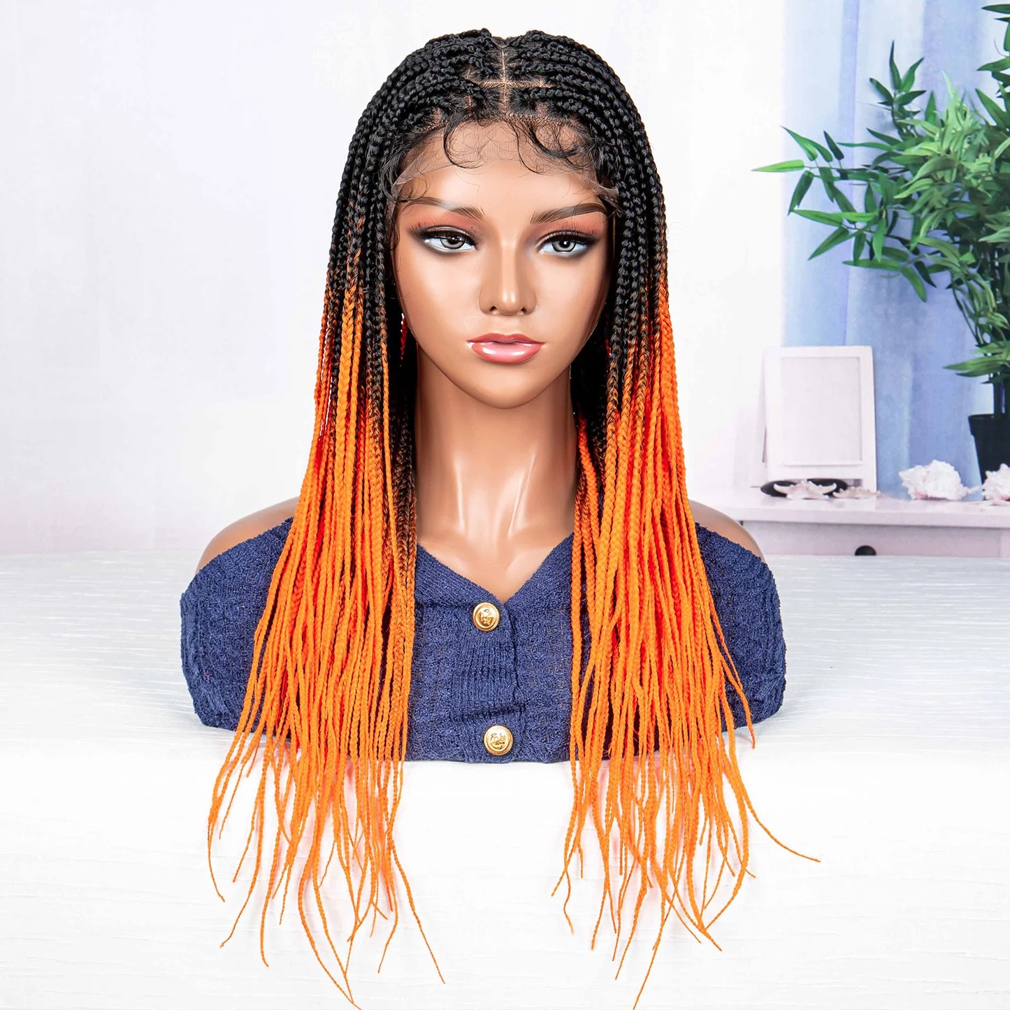 24Inch Straight Orange Full Lace Braided  Synthetic Square Knotless Box Braids Wigs