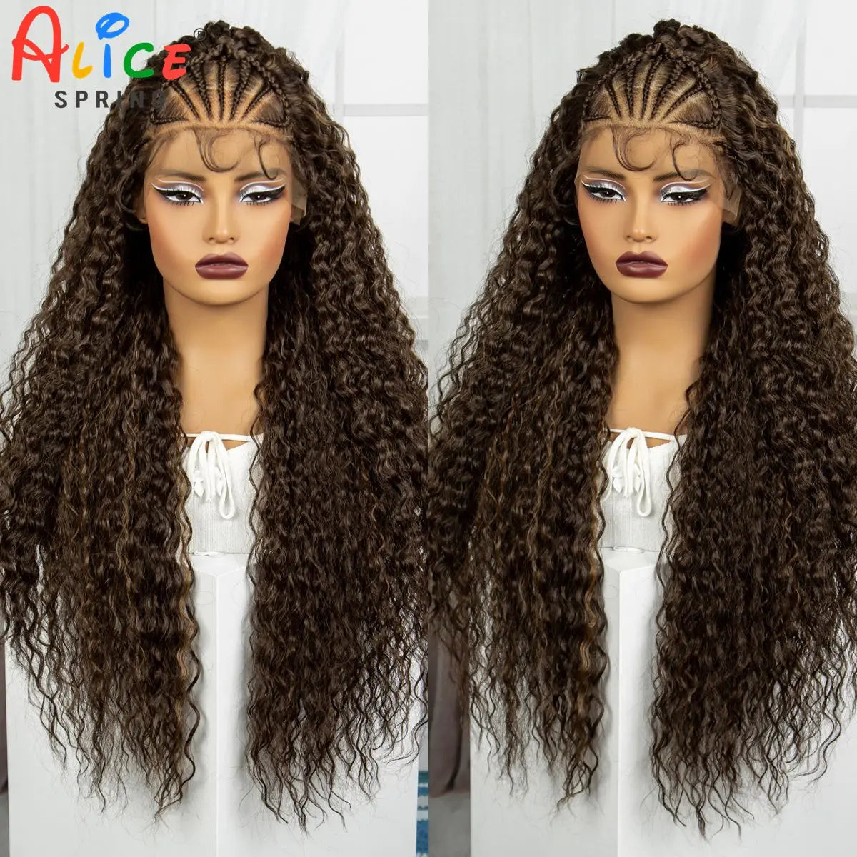 32Inch Cornrow Braided Wigs 13x4 Synthetic Lace Front Braids Wig with Baby Hair Curly Knotless