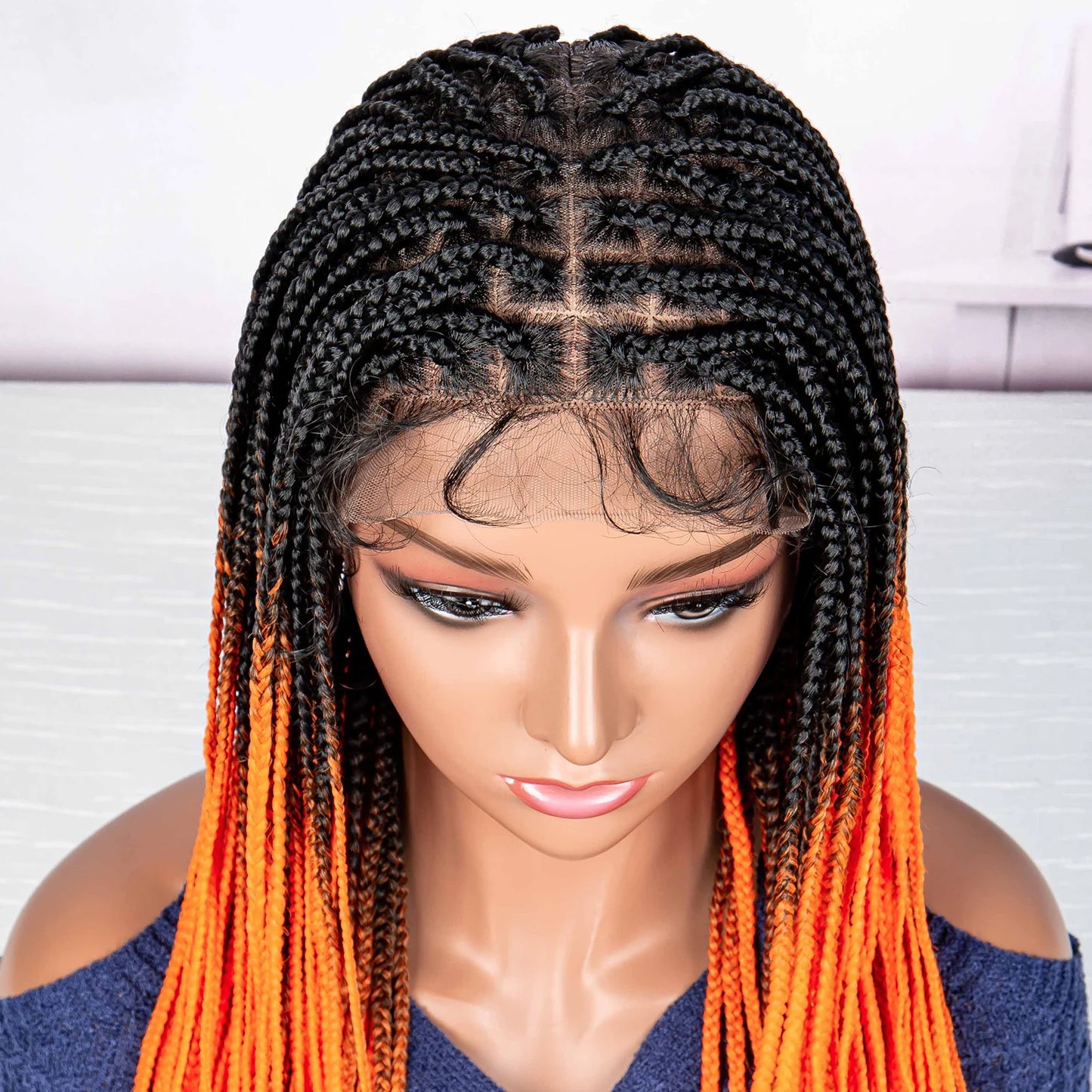 24Inch Straight Orange Full Lace Braided  Synthetic Square Knotless Box Braids Wigs