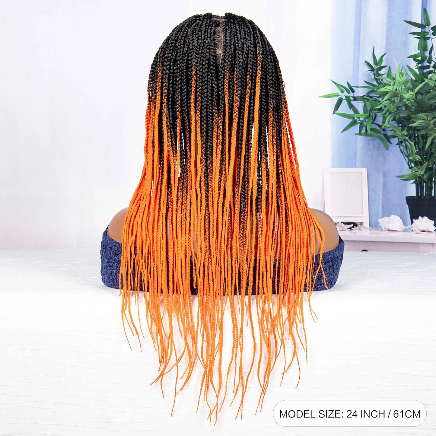 24Inch Straight Orange Full Lace Braided  Synthetic Square Knotless Box Braids Wigs