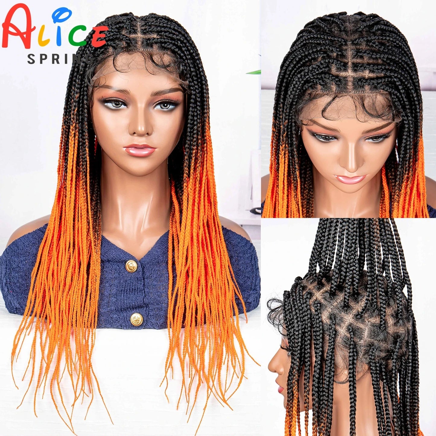 24Inch Straight Orange Full Lace Braided  Synthetic Square Knotless Box Braids Wigs