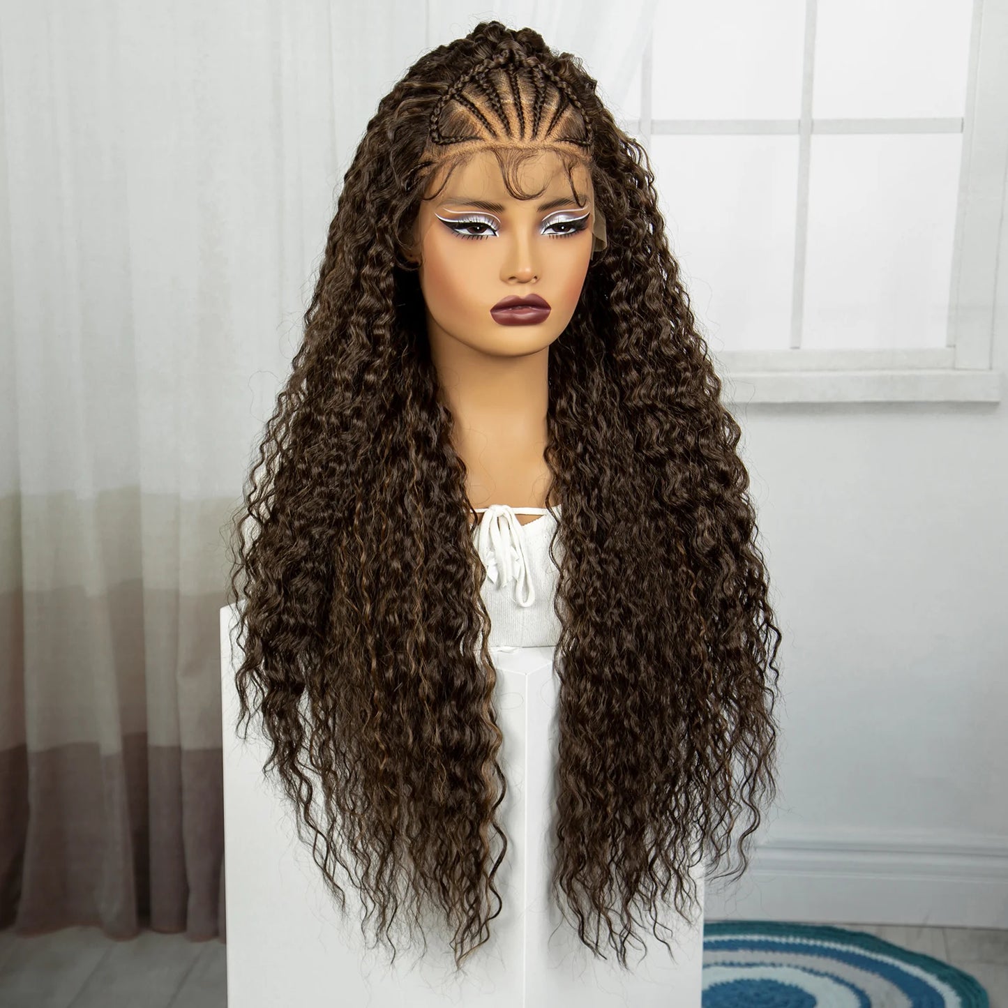 32Inch Cornrow Braided Wigs 13x4 Synthetic Lace Front Braids Wig with Baby Hair Curly Knotless