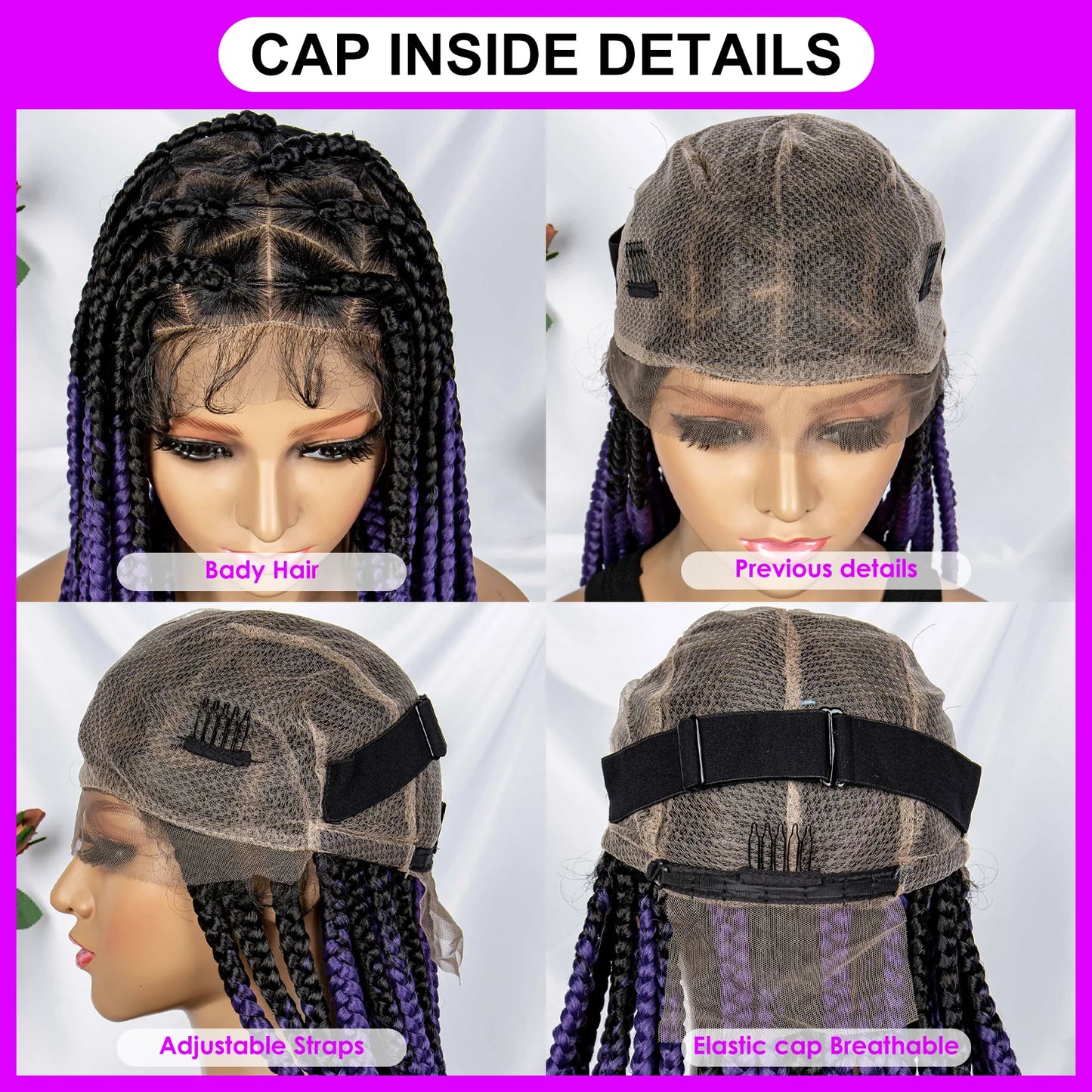 Synthetic Full Lace Braided Wigs Purple Colored Transparent Knotless Box Braids Wig Lace Front Braiding Hair Wig for Black Women