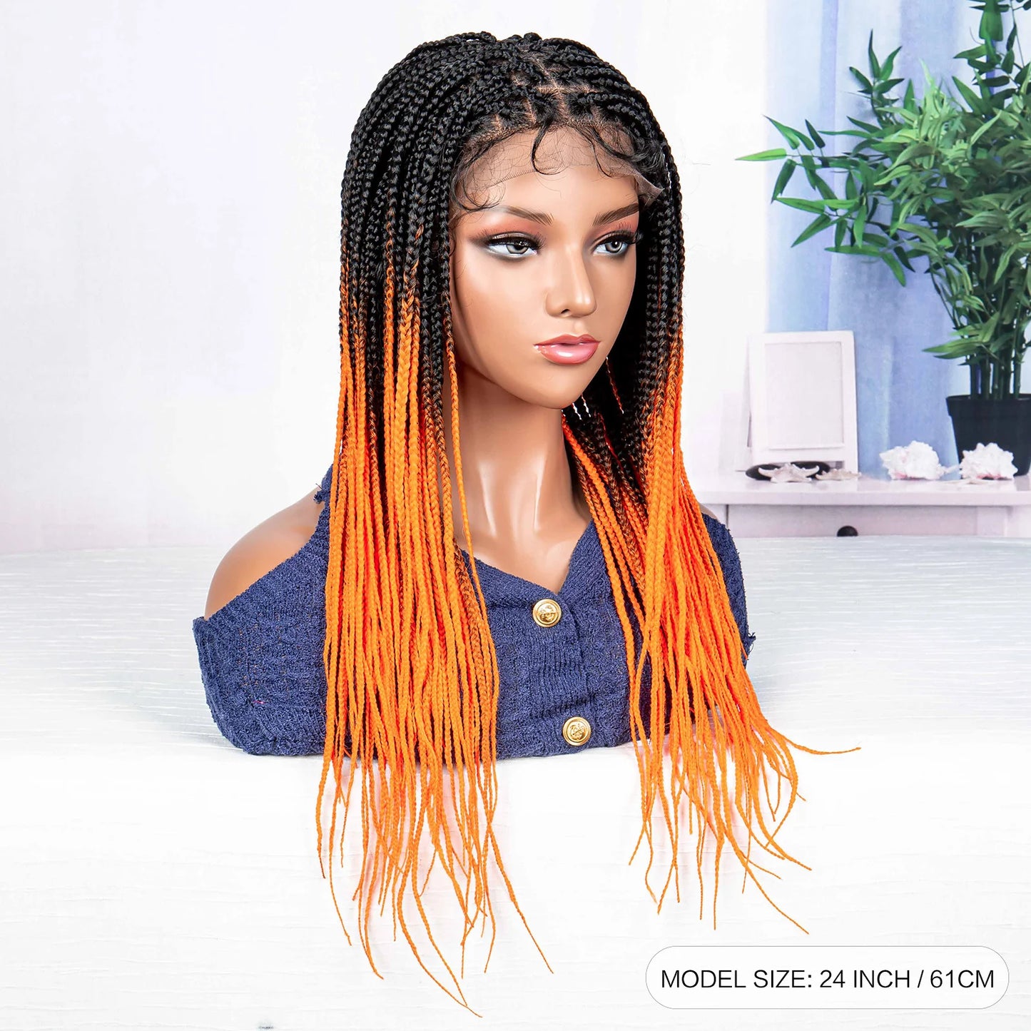 24Inch Straight Orange Full Lace Braided  Synthetic Square Knotless Box Braids Wigs