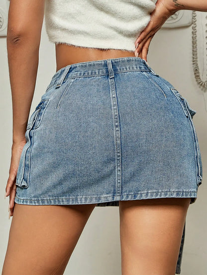 Flap Pocket Ribbon Slim Workwear Denim Mini Skirt