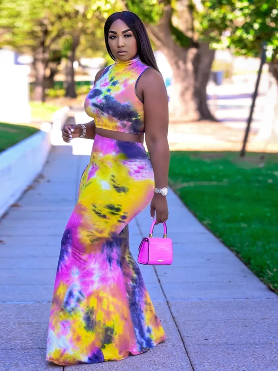 Tie Dye Sleeveless Top and Long Skirt 2 Two-piece