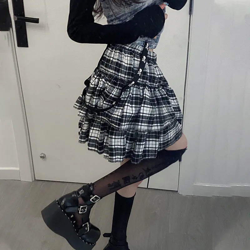 Y2k Girl Elastic Waist Black White Striped Goth Street Skirt