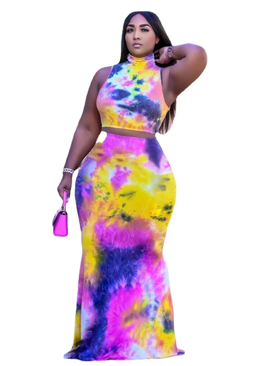 Tie Dye Sleeveless Top and Long Skirt 2 Two-piece