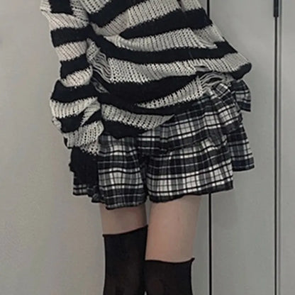 Y2k Girl Elastic Waist Black White Striped Goth Street Skirt