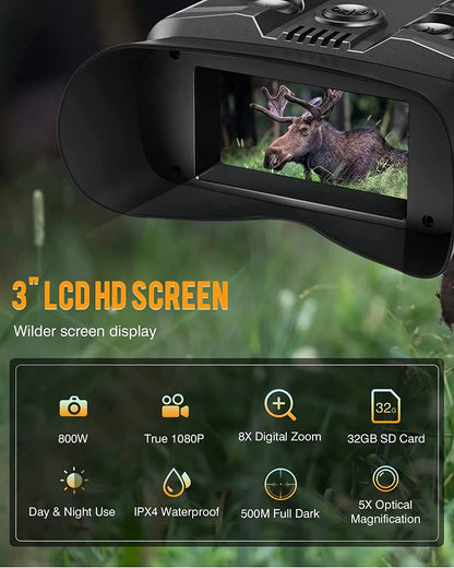 Night Vision Binoculars 1080P 500M 5X Optical Full Dark Digital IR Telescope 32GB 3' Screen Photo Video Recording Hunting Camera