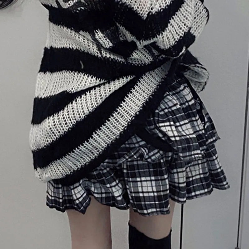 Y2k Girl Elastic Waist Black White Striped Goth Street Skirt