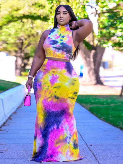 Tie Dye Sleeveless Top and Long Skirt 2 Two-piece