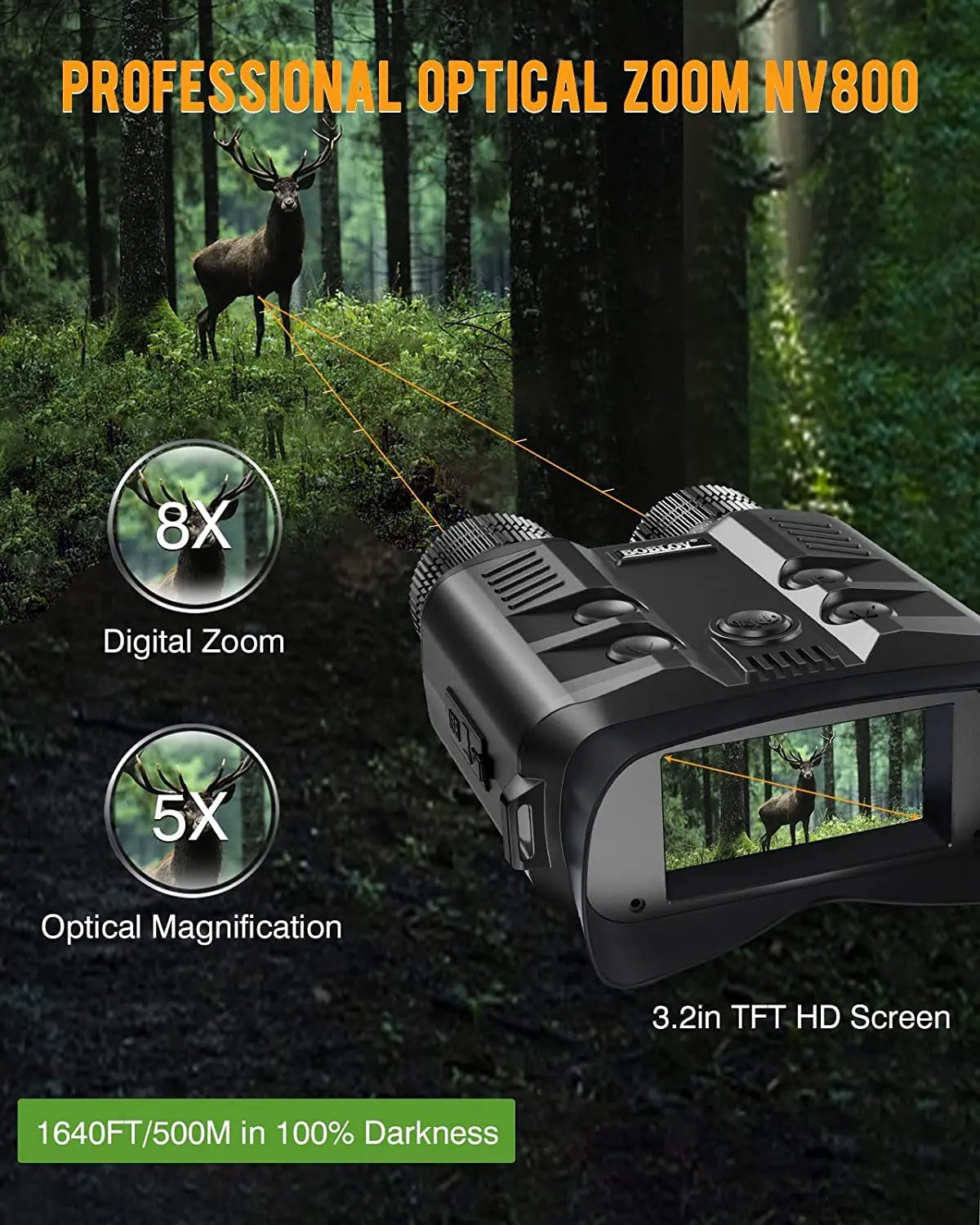 Night Vision Binoculars 1080P 500M 5X Optical Full Dark Digital IR Telescope 32GB 3' Screen Photo Video Recording Hunting Camera