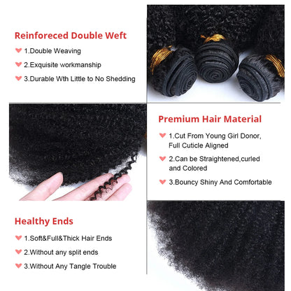 Mongolian Afro Kinky Curly Hair Weave with Closure Natural Black 4B 4C