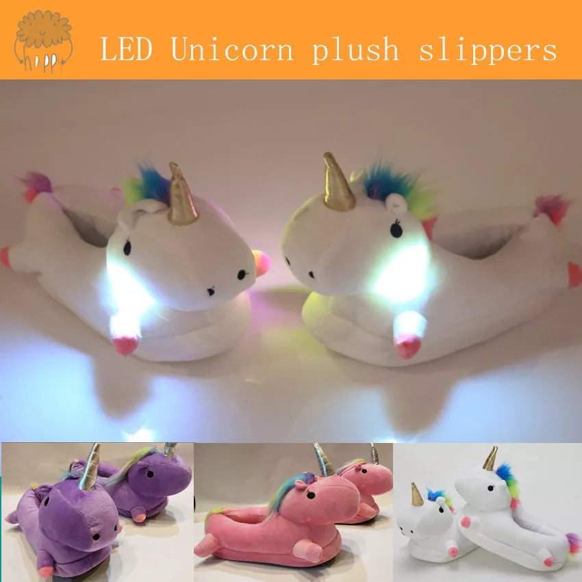 Zapatilla de felpa con diseño de unicornio arcoíris y iluminación LED para cultivo