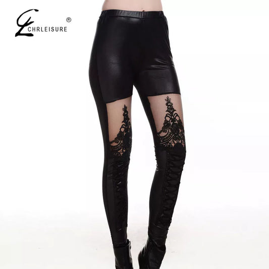 Leggings sexys de punk rock con retazos de encaje