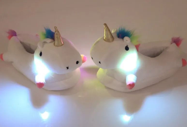 Zapatilla de felpa con diseño de unicornio arcoíris y iluminación LED para cultivo