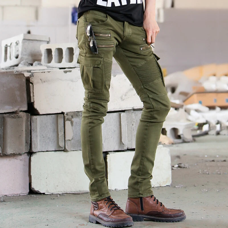 Green, Black Denim Biker jeans