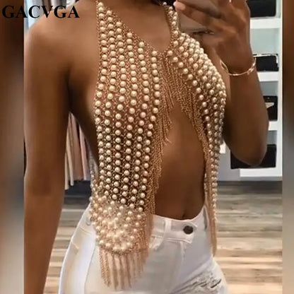 GACVGA Pure hand stitching Pearl metal Tassel Crop Top