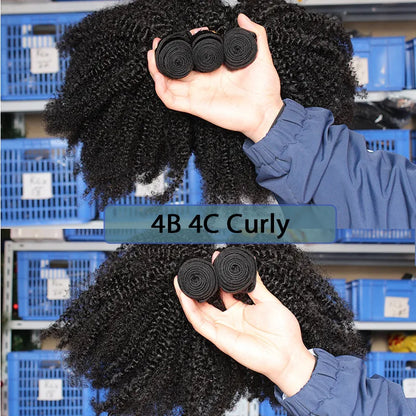 Mongolian Afro Kinky Curly Hair Weave with Closure Natural Black 4B 4C