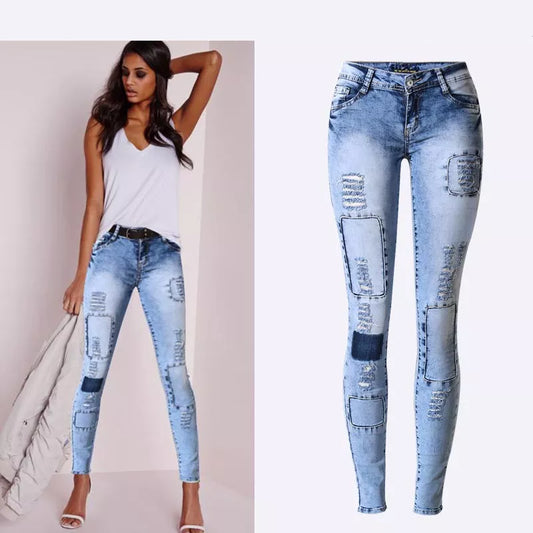 Low Waist Sky Blue Patchwork Skinny   Jeans