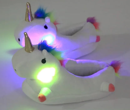 Zapatilla de felpa con diseño de unicornio arcoíris y iluminación LED para cultivo