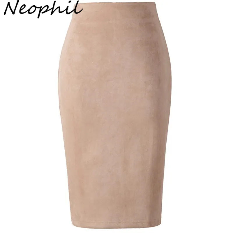 Neophil 2023 Winter Women Suede Midi Pencil Skirt High Waist Gray Pink XXL Sexy Style Stretch Wrap Ladies Office Work Saia S1009